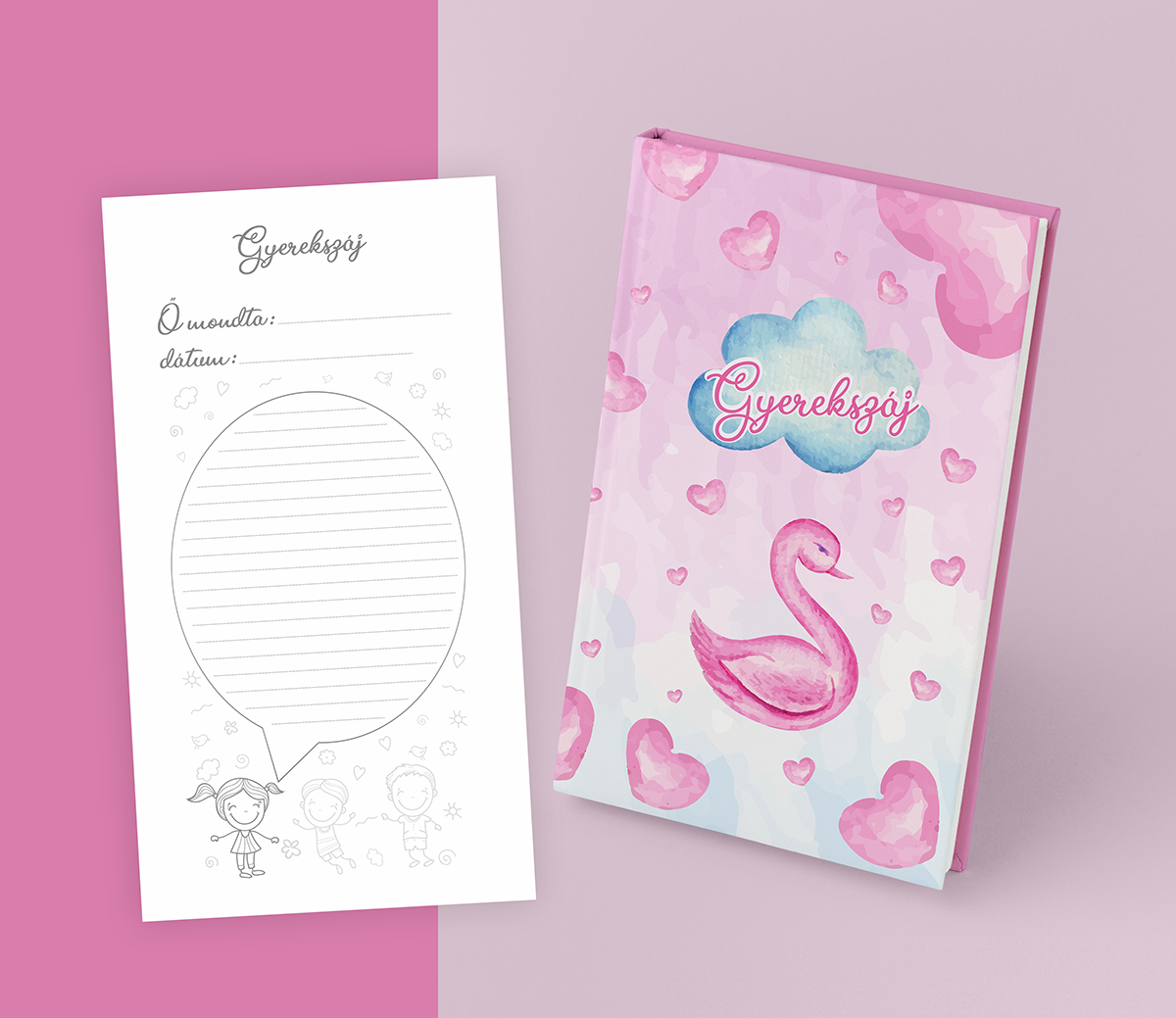 Gyerekszáj - Pink Swan - egyedi, kézi kötészeti eljárással készült, írható könyv. Gyermekeid legjobb elszólásainak összegyűjtéséhez.