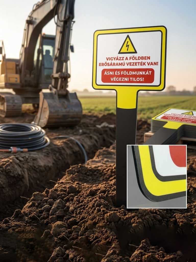 Formavágott dibond tábla, földbe szúrható, infrastruktúra vécelem.