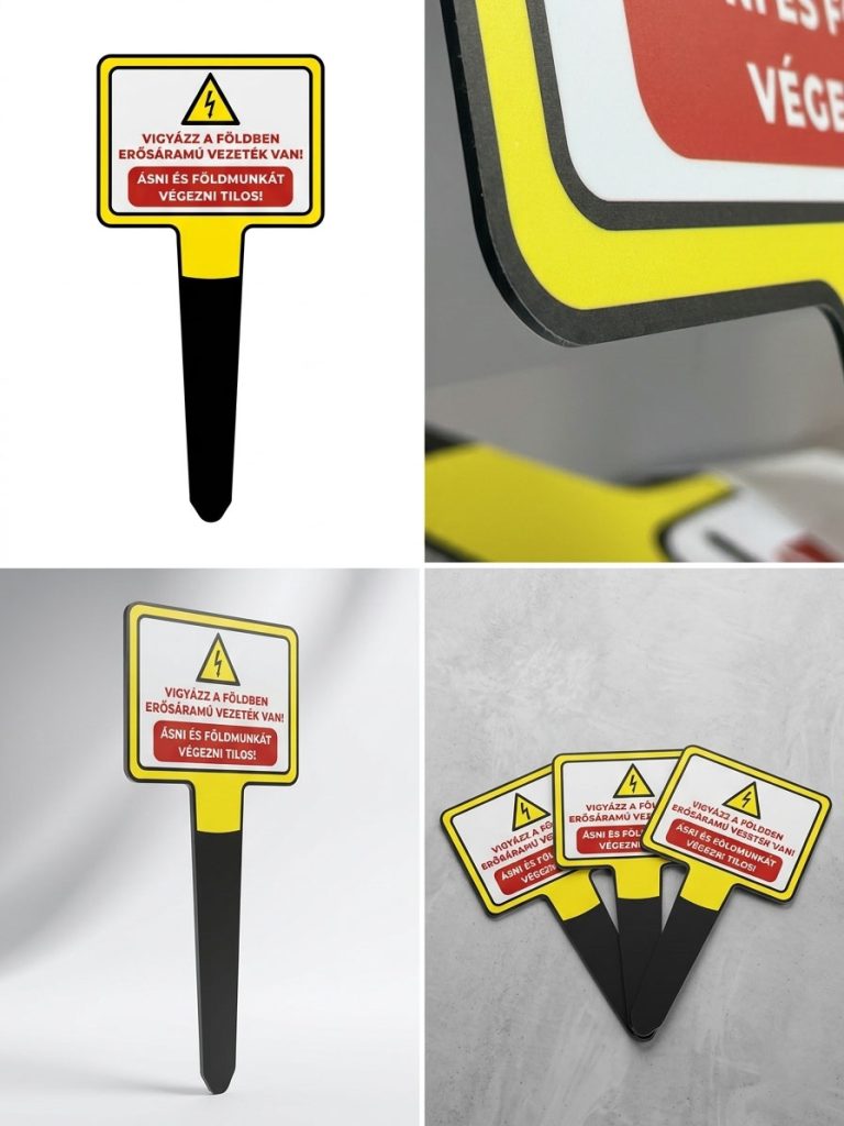 Formavágott dibond tábla, földbe szúrható, infrastruktúra vécelem.