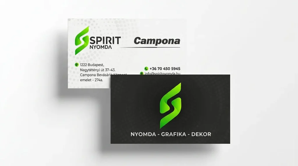 Névjegykártya tervezés, gyártás, nyomtatás, Spirit Nyomda Campona, Budapest, Gyorsnyomda és irodai nyomdai szolgáltatások.